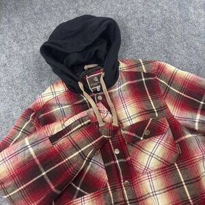 Legendary Outfitters Hooded Flannel Shirt Jacket M‎ Red Plaid Quilted Lined Mens